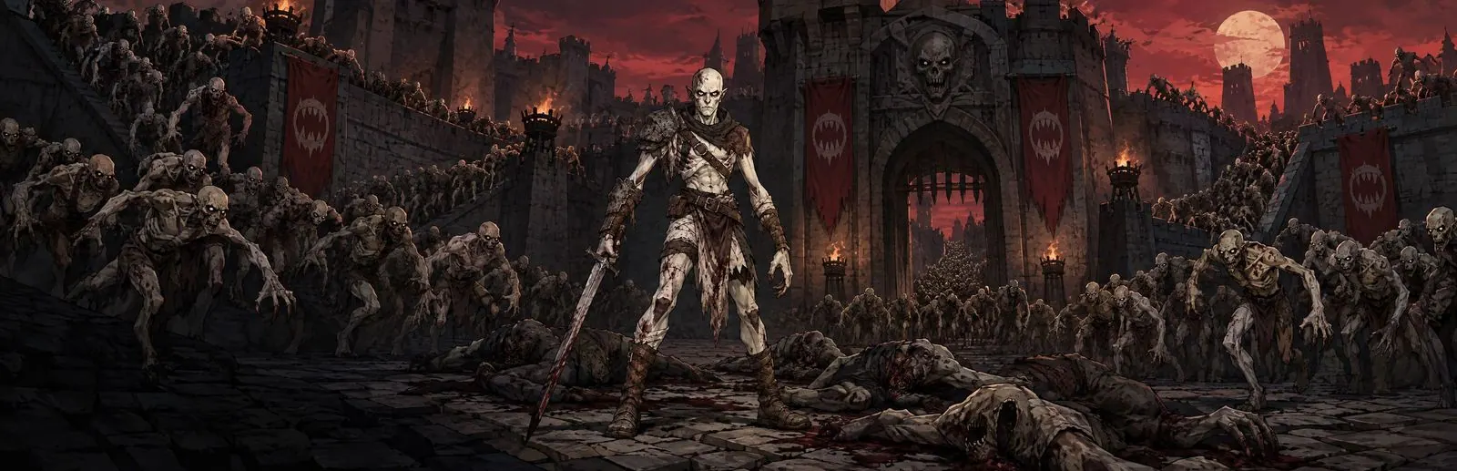 Panorama de la cour du château de The Last Ghoul : le héros goule parmi les morts, les goules sur les murs, sous une lune rouge