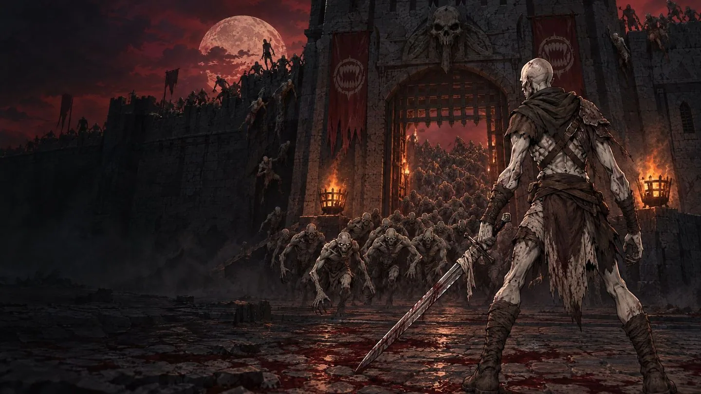 Key art of The Last Ghoul: the ghoul hero, seen from behind, sword lowered, facing the castle gate as ghouls pour through it under a red moon