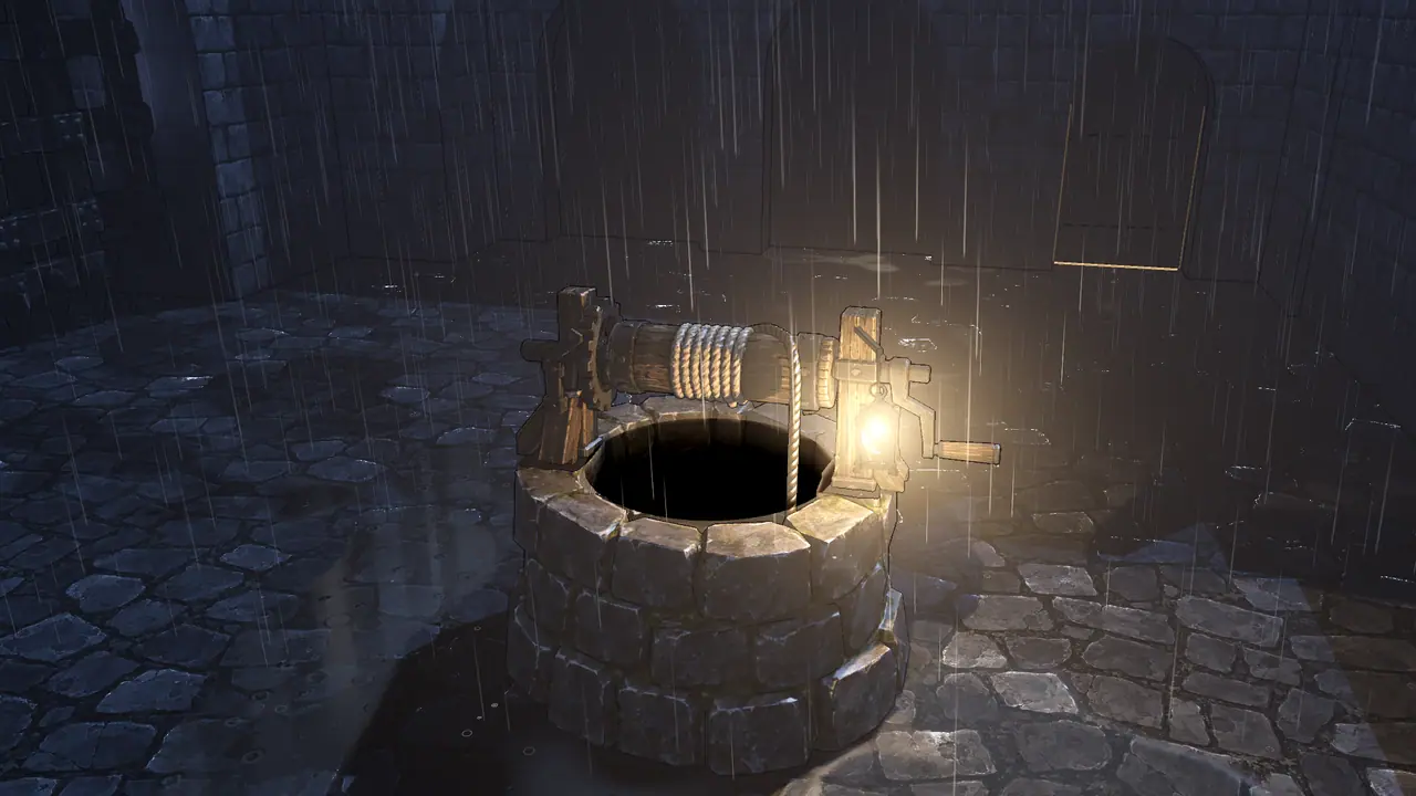 The old well of the castle courtyard under the rain, a lantern lit on its winch