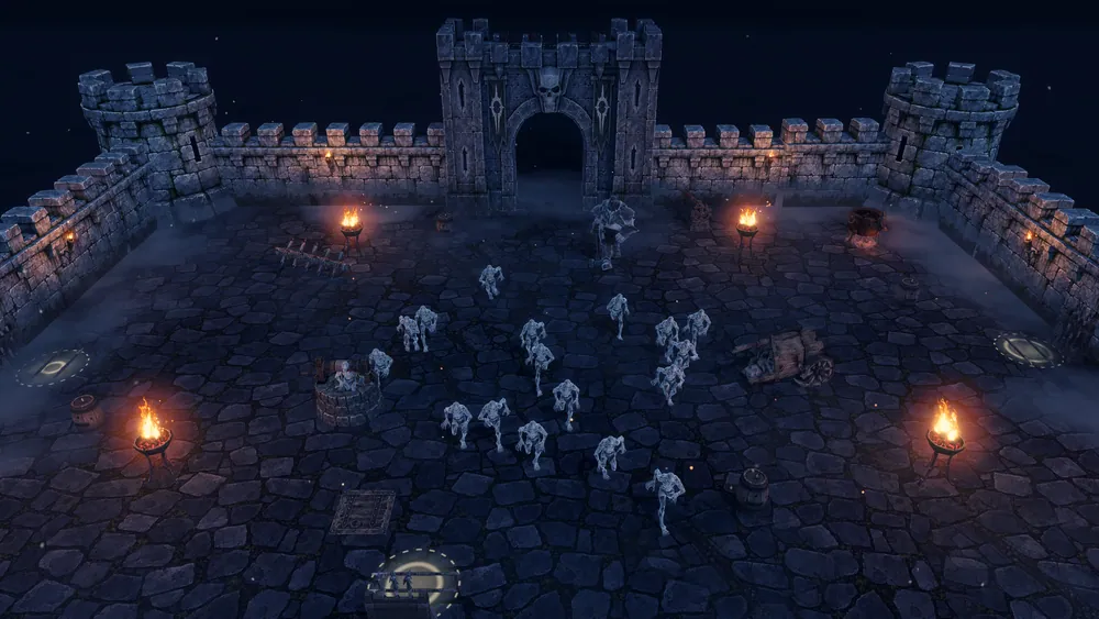 The castle courtyard at night under the rain, seen from above: braziers, the skull gate, and a wave of ghouls running across the flagstones