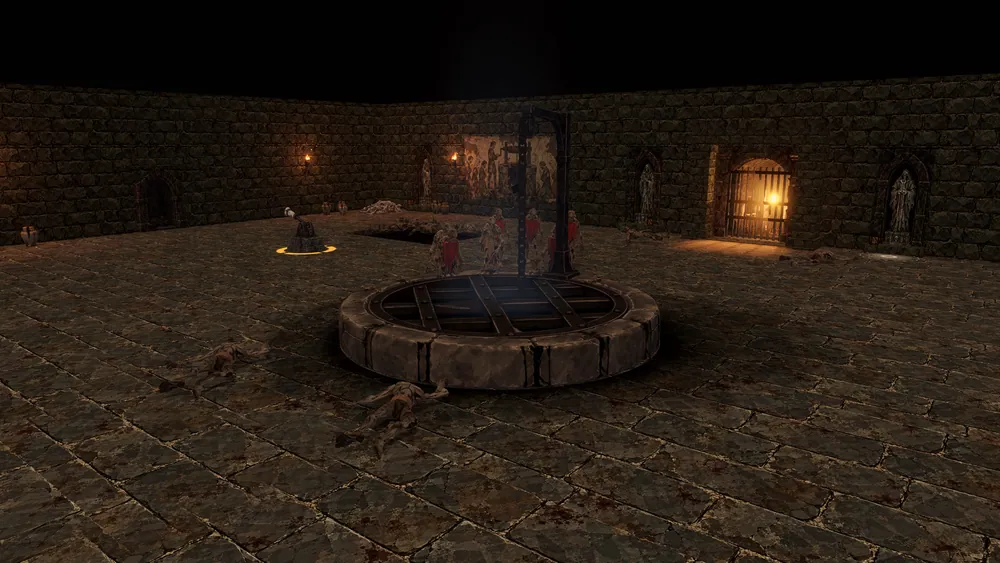 The crypt before the first wave: the iron cage over the well, stone statues, a lit grate, bodies on the floor
