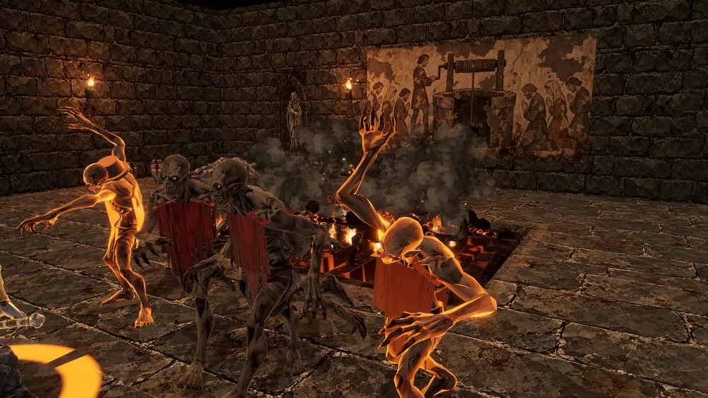 Ghouls caught on a burning cremation slab in the crypt, smoke rising in front of an old fresco of the well