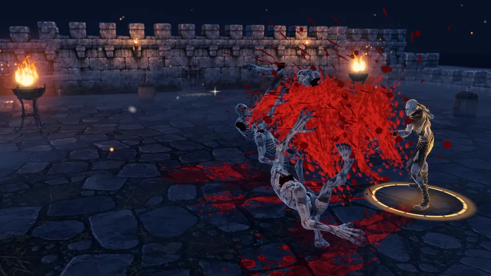 A heavy sword blow sends a ghoul’s head flying in a spray of blood, in the night courtyard