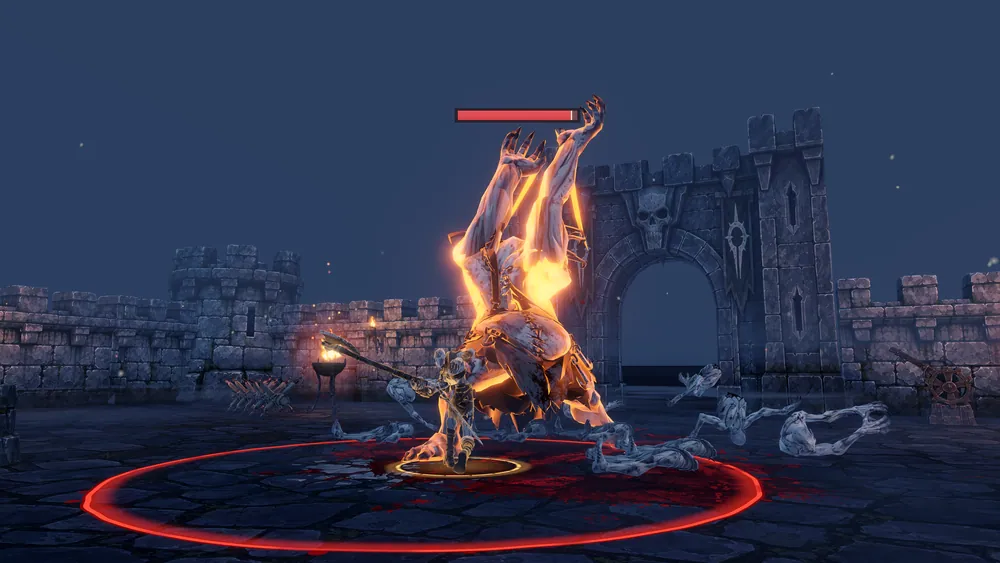 A huge glowing ghoul, the Glutton, raises both arms over the hero in the courtyard; a red warning circle on the ground