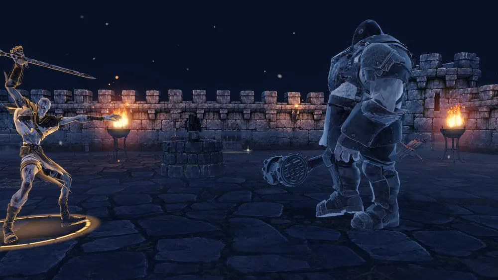 The hero, harpoon raised, faces an armoured brute carrying a huge flail in the night courtyard