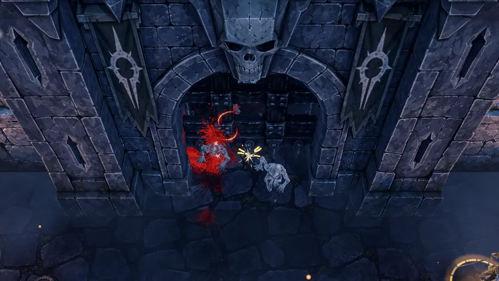 Seen from above, the portcullis of the gate falls on a file of ghouls; blood on the stones