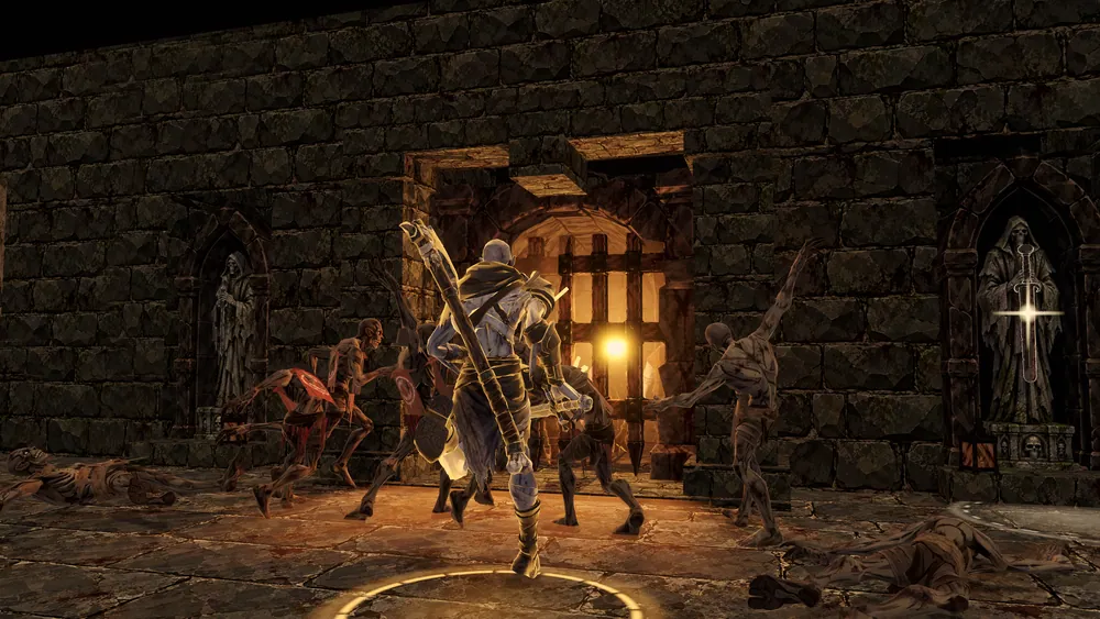 In the crypt, the hero seen from behind walks on ghouls clawing at an iron grate; a lantern glows behind it